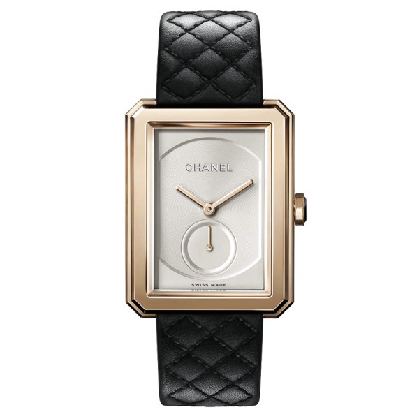 Chanel BOY-FRIEND Grand Modèle Gold beige mechanical watch opaline dial black calf leather strap H6589