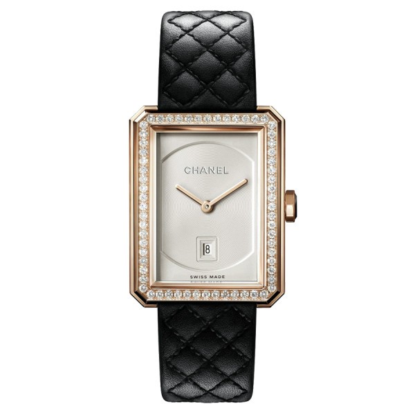 Chanel BOY-FRIEND Grand Modèle Gold beige quartz watch bezel set with opaline dial black calf leather strapH6591