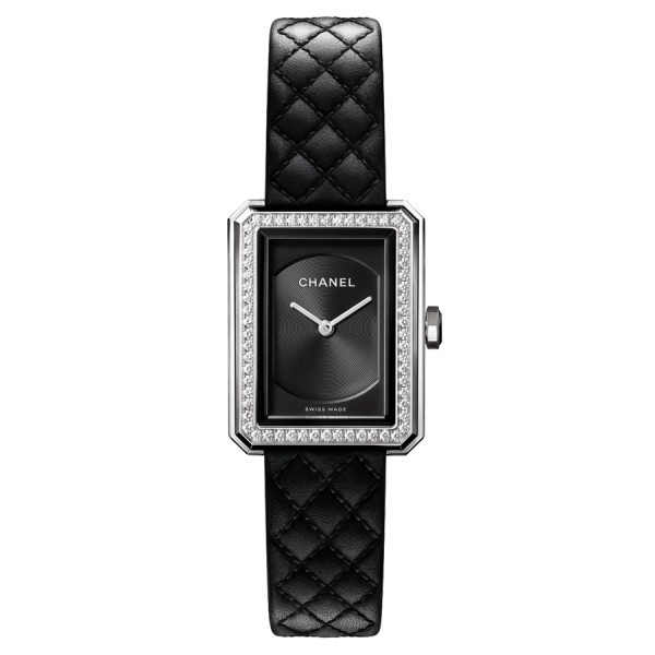 Chanel BOY-FRIEND Petit Modèle watch quartz bezel set with black dial black calf leather strap H6586