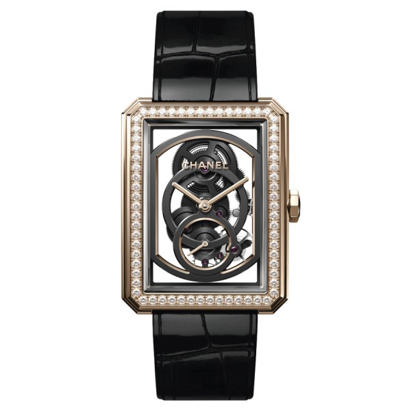 Montre Chanel BOY·FRIEND Grand Modèle Or beige mécanique lunette sertie cadran squelette bracelet cuir veau noir H6595