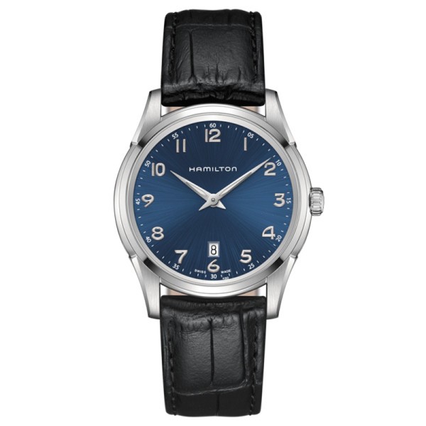 Montre Hamilton Jazzmaster Thinline cadran bleu bracelet cuir noir 42 mm