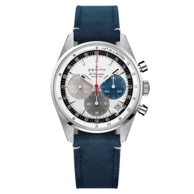 Zenith Chronomaster Original El Primero watch silver dial blue leather strap 38 mm 03.3200.3600/69.C902