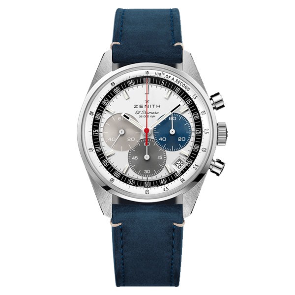 Zenith Chronomaster Original El Primero watch silver dial blue leather strap 38 mm 03.3200.3600/69.C902