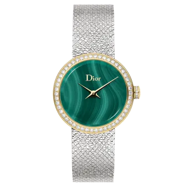 Montre D de Dior Satine quartz cadran malachite lunette sertie bracelet acier maille milanaise 25 mm CD047122M001