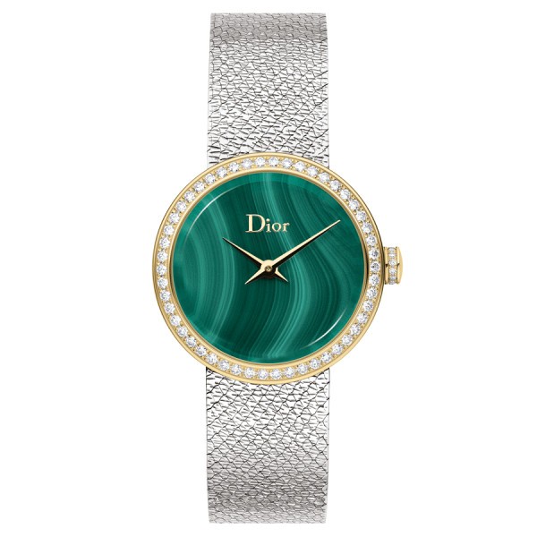 D de Dior Satine quartz watch malachite dial bezel set stainless steel bracelet mesh 25 mm CD047122M001