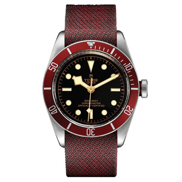 Tudor Black Bay automatic watch with red bezel, black dial, red and black fabric strap 41 mm M79230R-0009