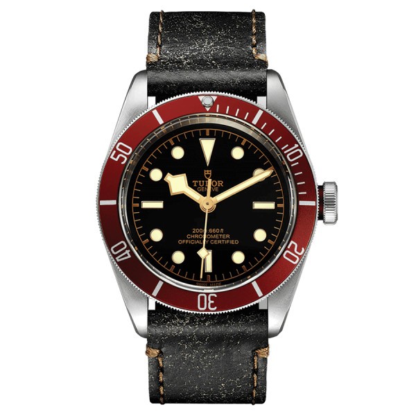 Tudor Black Bay automatic watch red bezel black dial black leather strap 41 mm M79230R-0011