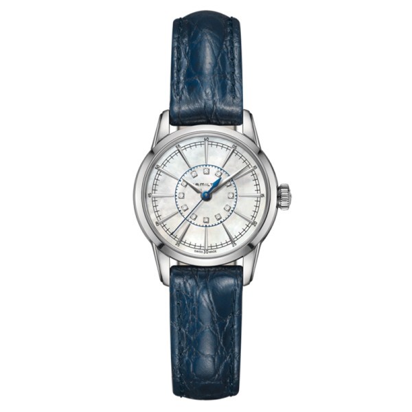 Montre Hamilton American Classic Railroad cadran nacre serti bracelet cuir bleu 28 mm - SOLDAT PL