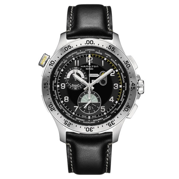 Montre Hamilton Khaki Aviation Worldtimer cadran noir bracelet cuir noir 45 mm