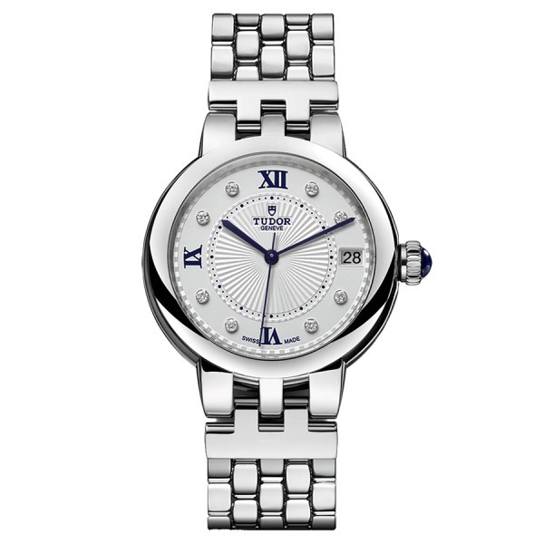 Tudor Clair de Rose watch with diamond markers and automatic Roman numerals opaline dial steel bracelet 34 mm M35800-0004
