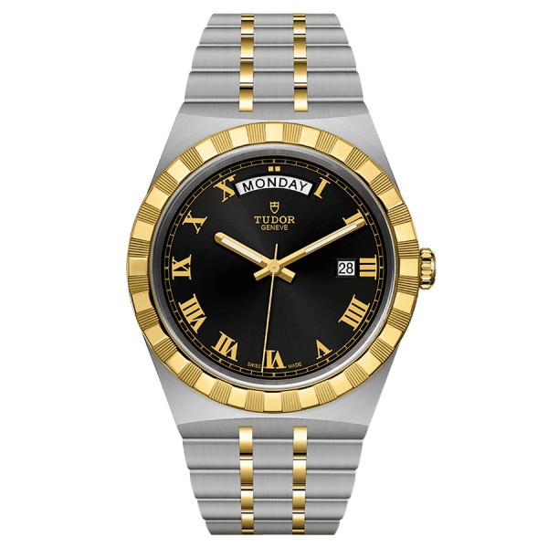 Montre Tudor Royal automatique lunette or jaune cadran noir bracelet acier et or jaune 41 mm M28603-0003