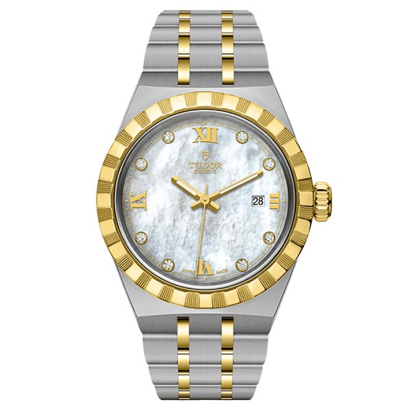 Montre Tudor Royal automatique index diamants lunette or jaune cadran nacre blanche bracelet acier et or jaune 28 mm M28303-0007