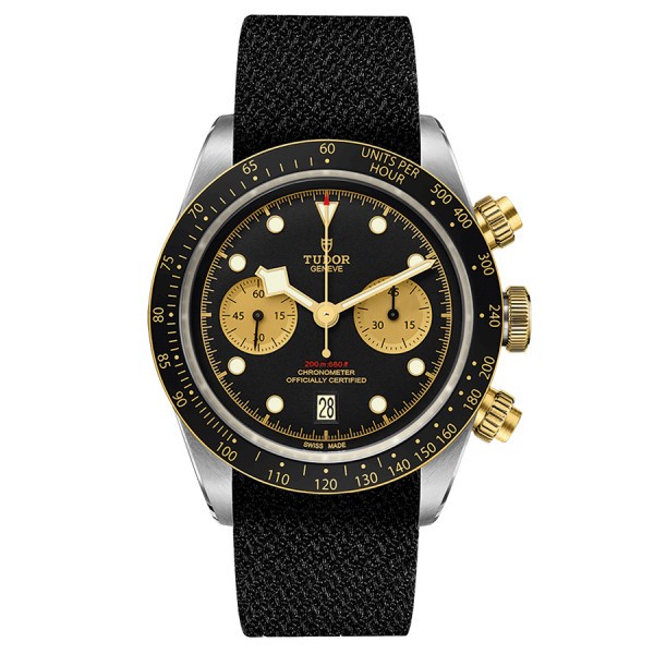 Montre Tudor Black Bay Chrono S&G automatique lunette et poussoirs or jaune cadran noir bracelet tissu noir 41 mm M79363N-0003