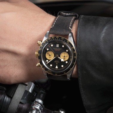 Tudor Black Bay Chrono S&G automatic watch yellow gold bezel and pushers black dial brown leather strap 41 mm M79363N-0002