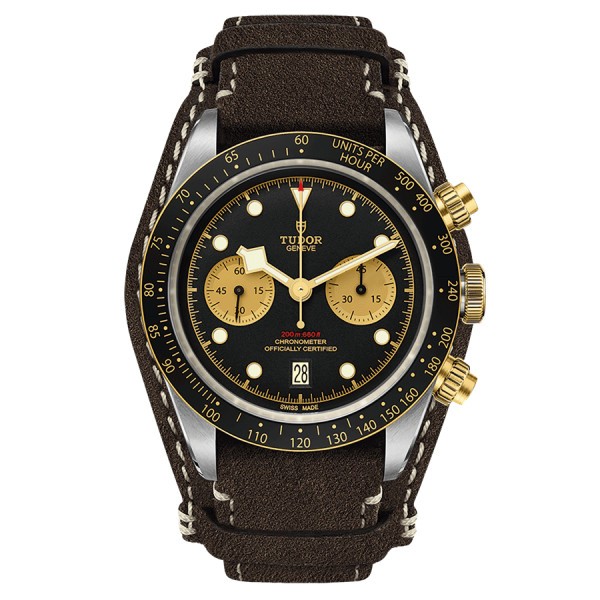 Tudor Black Bay Chrono S&G automatic watch yellow gold bezel and pushers black dial brown leather strap 41 mm M79363N-0002