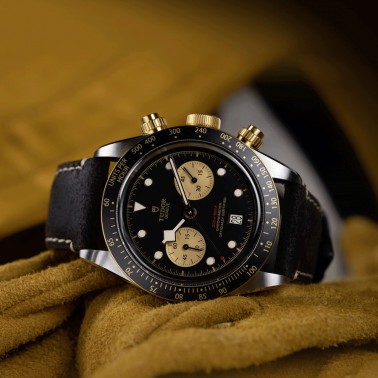 Tudor Black Bay Chrono S&G automatic watch yellow gold bezel and pushers black dial brown leather strap 41 mm M79363N-0002