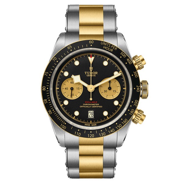 Montre Tudor Black Bay Chrono S&G automatique lunette et poussoirs or jaune cadran noir bracelet acier et or jaune 41 mm M79363N