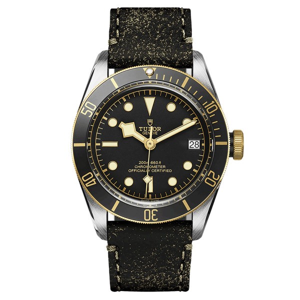 Tudor Black Bay S&G automatic watch yellow gold bezel black dial brown leather strap 41 mm M79733N-0007