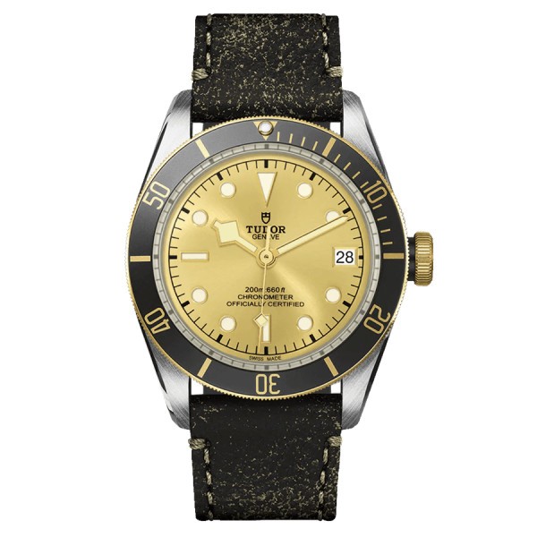 Montre Tudor Black Bay S&G automatique lunette or jaune cadran champagne bracelet cuir vieilli brun 41 mm M79733N-0003