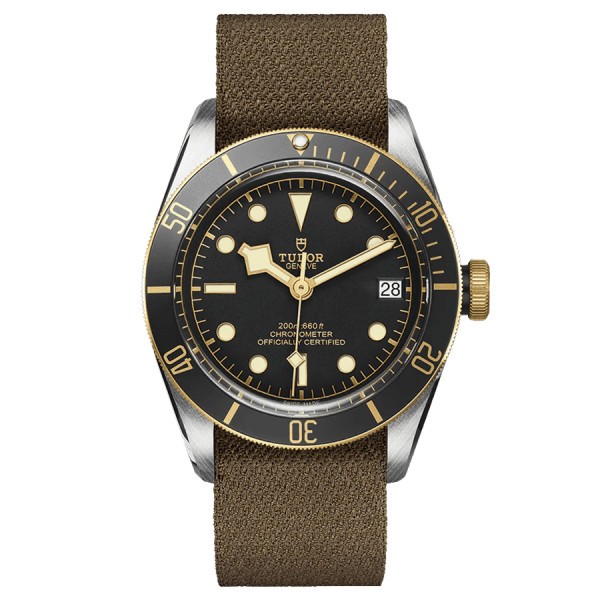 Tudor Black Bay S&G automatic watch yellow gold bezel black dial brown fabric strap 41 mm M79733N-0005