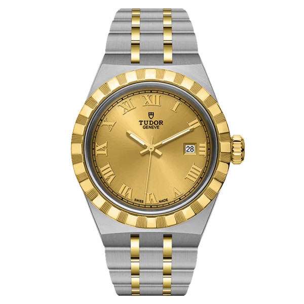 Montre Tudor Royal automatique index chiffres romains cadran champagne bracelet acier et or jaune 28 mm M28303-0004