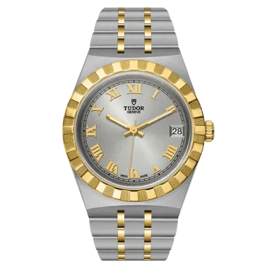 Montre Tudor Royal automatique index chiffres romains cadran argenté bracelet acier et or jaune 34 mm M28403-0001