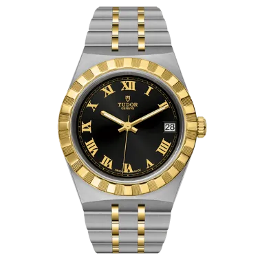 Montre Tudor Royal automatique index chiffres romains cadran noir bracelet acier et or jaune 34 mm M28403-0003