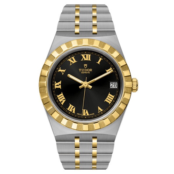 Montre Tudor Royal automatique index chiffres romains cadran noir bracelet acier et or jaune 34 mm M28403-0003