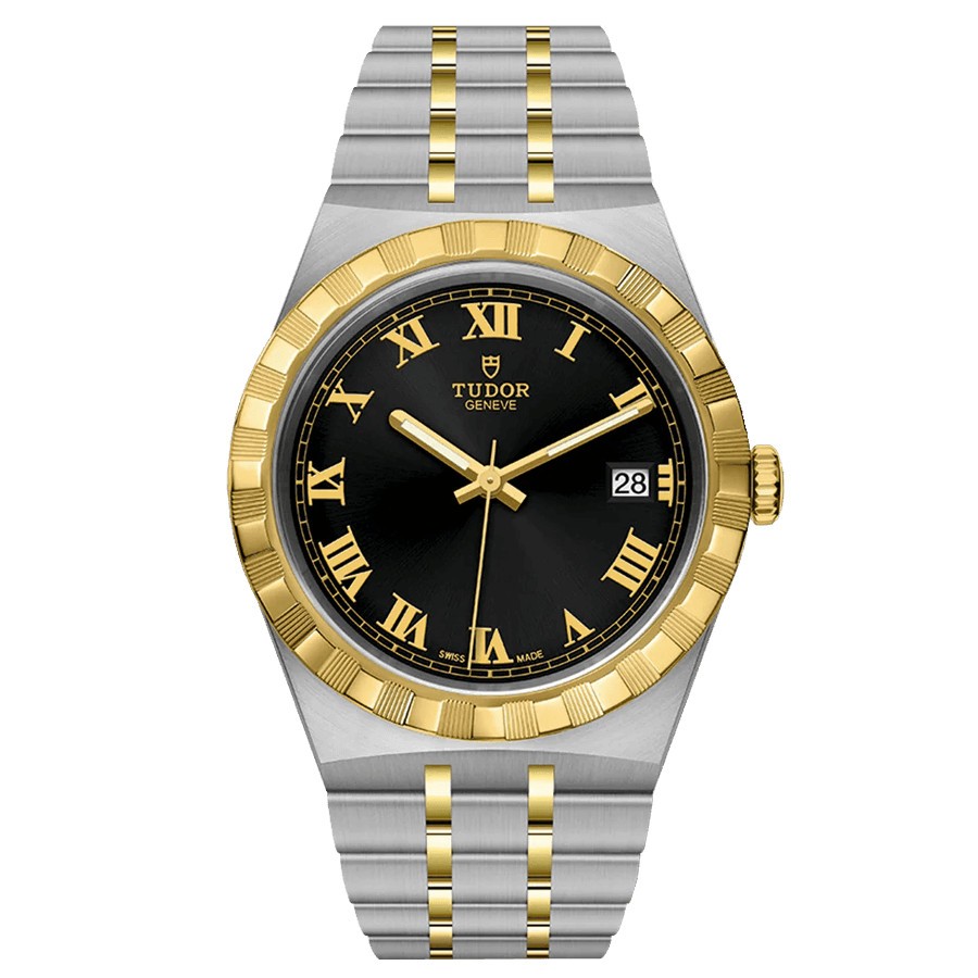 Montre Tudor Royal automatique index chiffres romains cadran noir bracelet acier et or jaune 38 mm M28503-0006