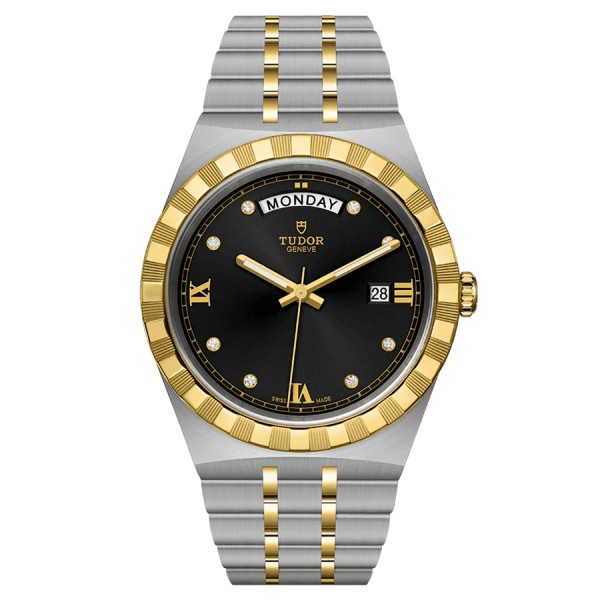 Montre Tudor Royal automatique guichet jour index diamants cadran noir bracelet acier et or jaune 41 mm M28603-0005