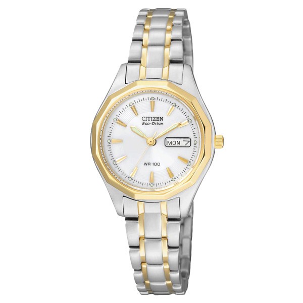 Citizen Sports Eco-Drive watch white dial steel and gold plated bracelet 26 mm EW3144-51AE