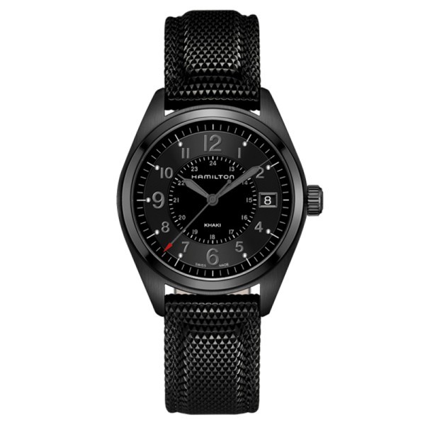 Montre Hamilton Khaki Field cadran noir bracelet caoutchouc noir 40 mm