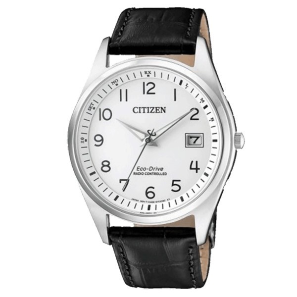 Montre Citizen Radio Controlée Eco-Drive cadran blanc bracelet cuir noir 39 mm AS2050-10A