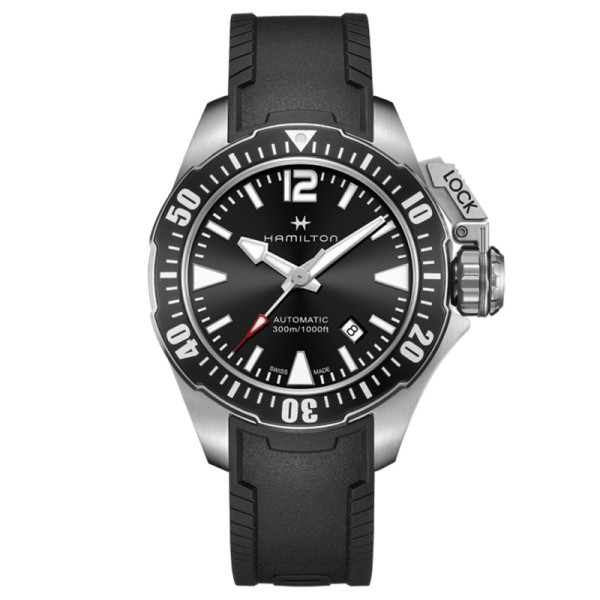 Montre Hamilton Khaki Navy Frogman cadran noir bracelet caoutchouc noir 42 mm - SOLDAT PL