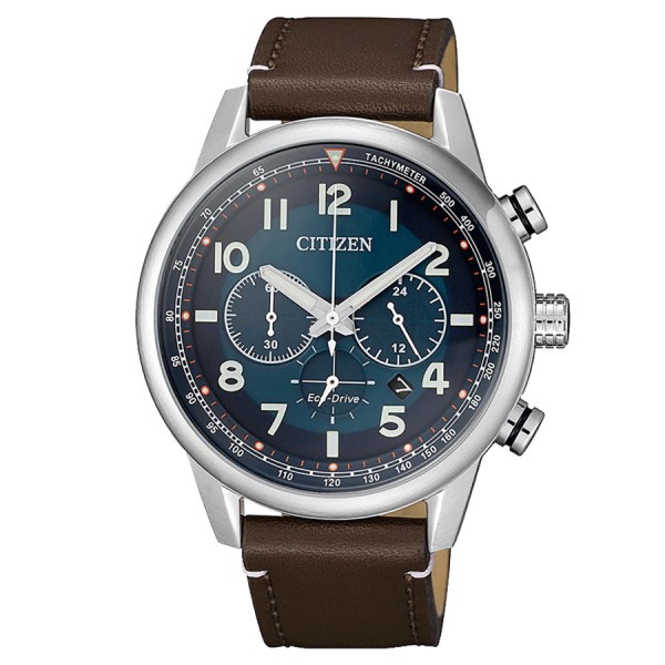 Citizen Chrono Eco-Drive watch blue dial brown leather strap 43 mm CA4420-13L
