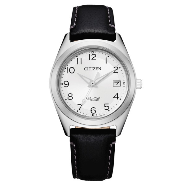 Montre Citizen Super Titanium Ladies Eco-Drive cadran blanc bracelet cuir noir 34 mm FE6150-18A
