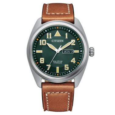 Citizen Super Titanium Eco-Drive watch green dial brown leather strap 42 mm BM8560-11X