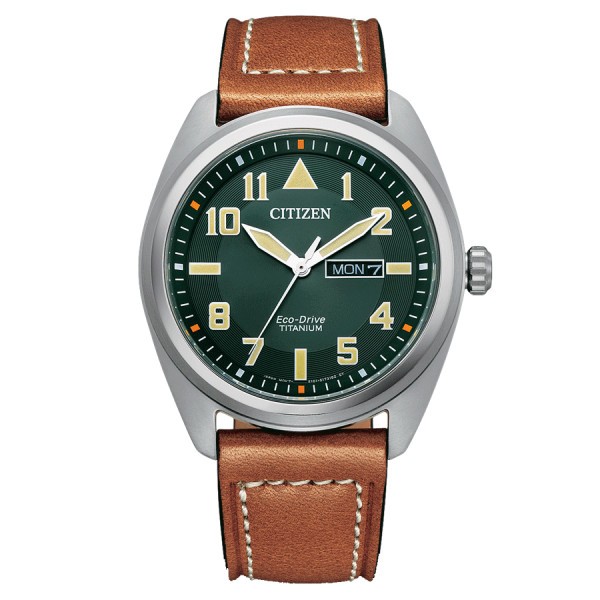 Citizen Super Titanium Eco-Drive watch green dial brown leather strap 42 mm BM8560-11X
