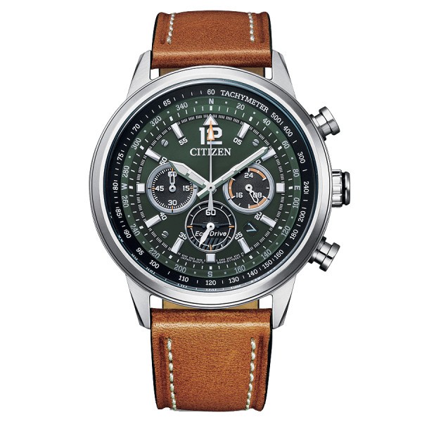 Citizen Chrono Eco-Drive watch green dial brown leather strap 44 mm CA4470-15X