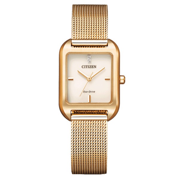 Citizen Rectangular Ladies Eco-Drive watch beige dial pink mesh bracelet 23,5 mm EM0493-85P