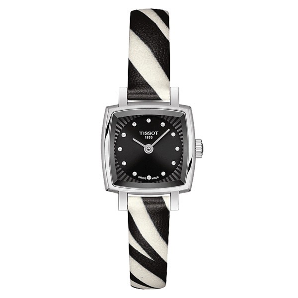 Montre Tissot Lovely quartz cadran noir bracelet cuir noir et blanc 20 mm