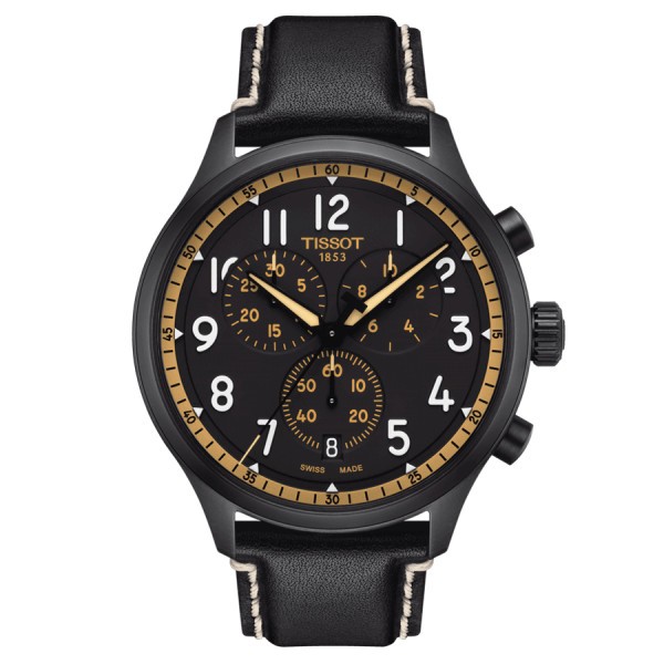 Montre Tissot Chrono XL Vintage quartz PVD Or jaune cadran noir bracelet cuir noir 45 mm T116.617.36.052.02