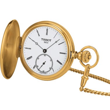 Montre Tissot Savonnette mécanique PVD Or jaune cadran blanc chaîne acier PVD 48,5 mm