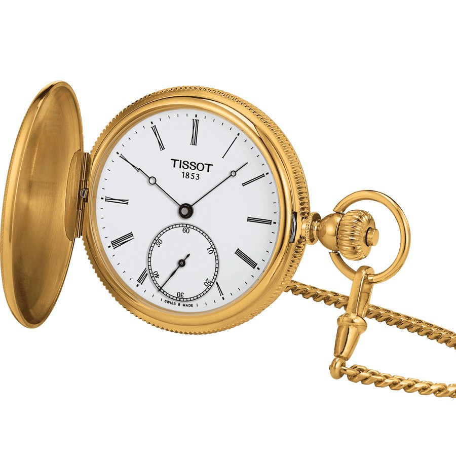 Montre Tissot Savonnette mécanique PVD Or jaune cadran blanc chaîne acier PVD 48,5 mm