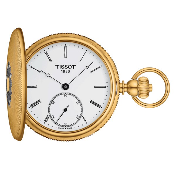 Montre Tissot Savonnette mécanique PVD Or jaune cadran blanc chaîne acier PVD 48,5 mm