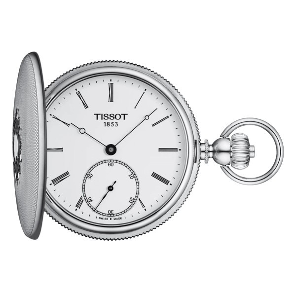 Montre Tissot Savonnette mécanique cadran blanc chaîne acier 48,5 mm