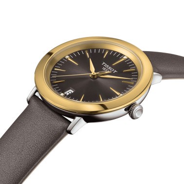 Montre Tissot Glendora quartz lunette or jaune cadran gris bracelet cuir gris 33 mm T929.210.46.066.00