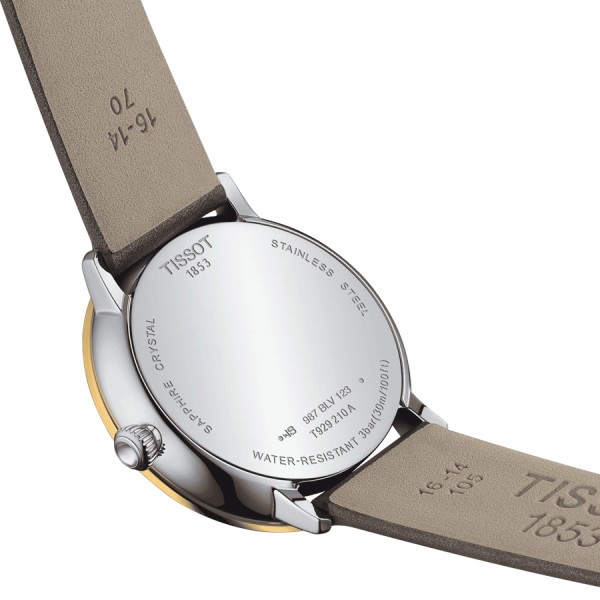 Montre Tissot Glendora quartz lunette or jaune cadran gris bracelet cuir gris 33 mm T929.210.46.066.00