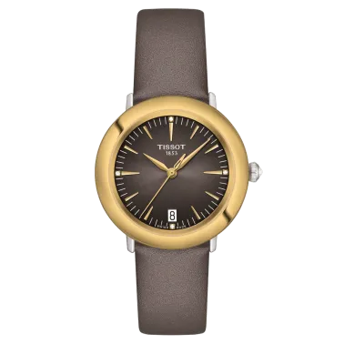 Montre Tissot Glendora quartz lunette or jaune cadran gris bracelet cuir gris 33 mm T929.210.46.066.00
