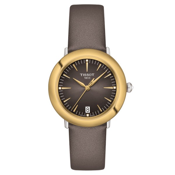 Montre Tissot Glendora quartz lunette or jaune cadran gris bracelet cuir gris 33 mm T929.210.46.066.00